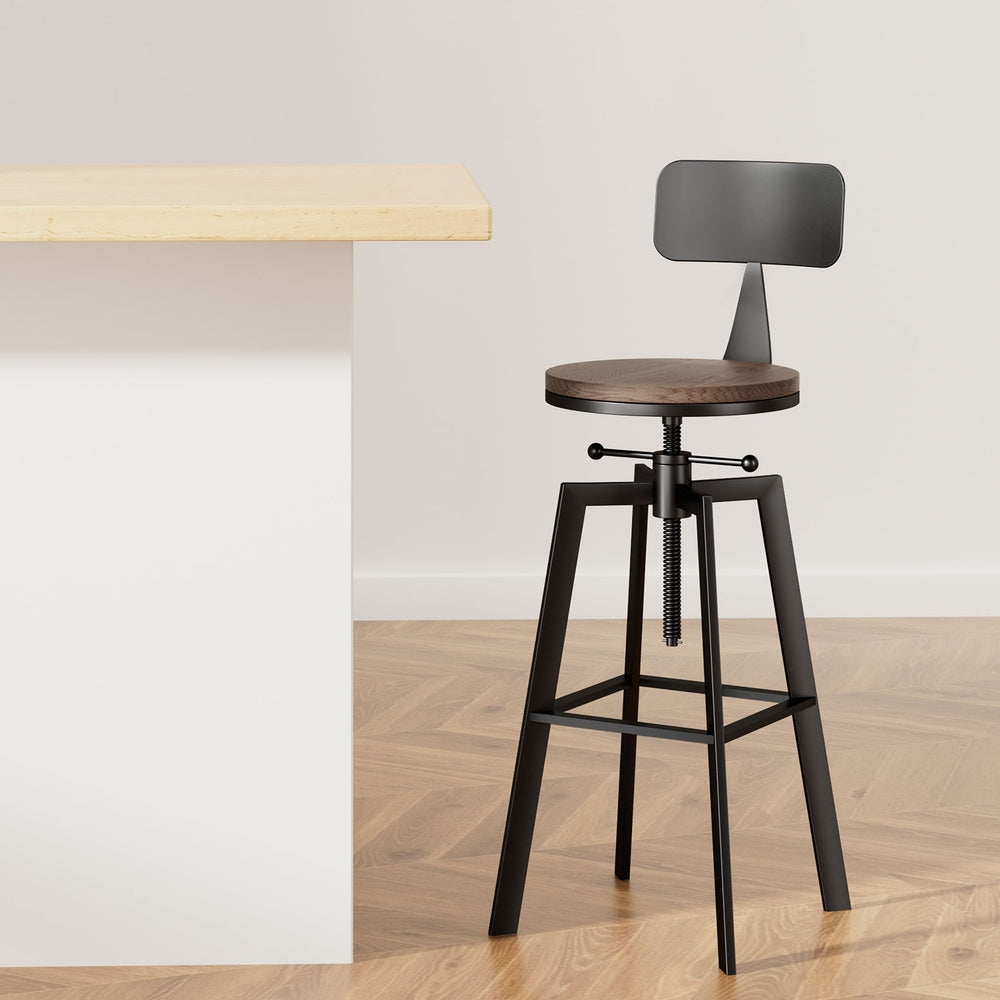Vintage Adjustable Bar Stool 360° Swivel Black Frame Wood Seat