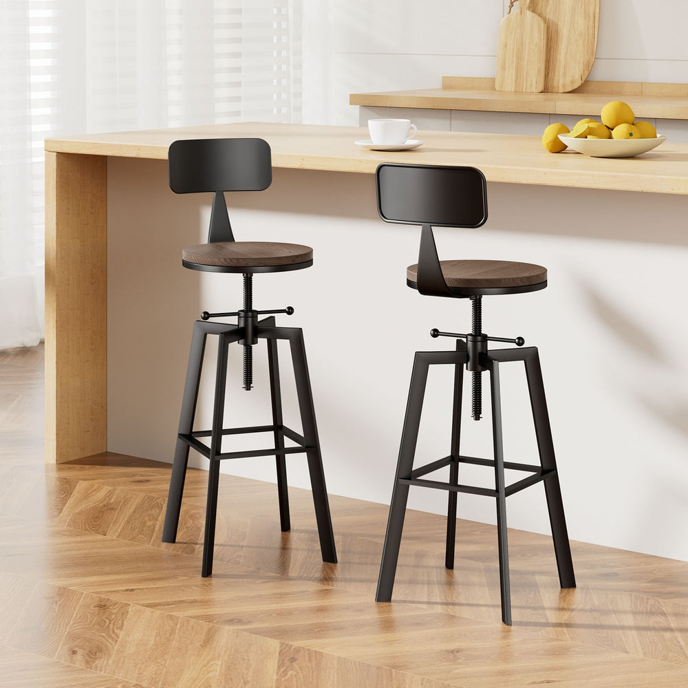 Vintage Metal Bar Stools Adjustable Swivel Elm Wood Seat Black x2