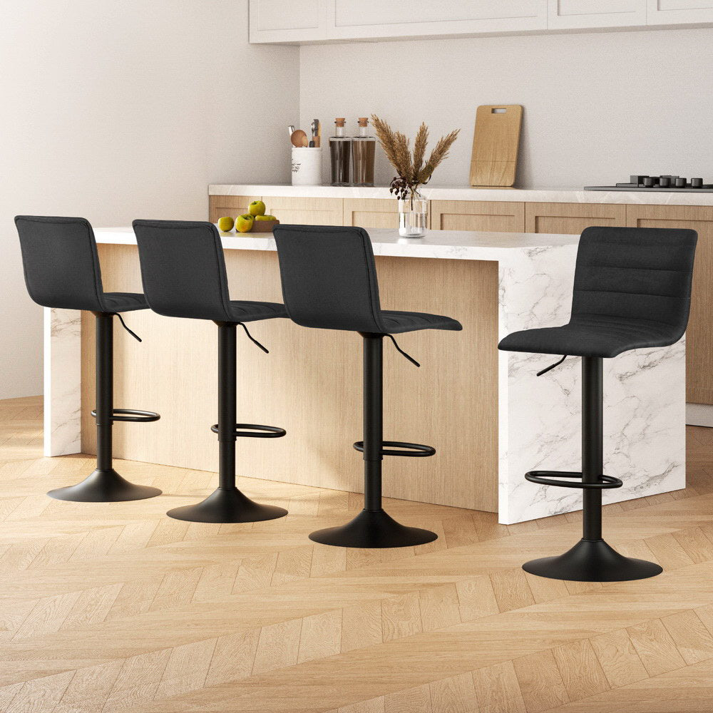Artiss 4x Gas Lift Kitchen Bar Stools Faux Linen Black