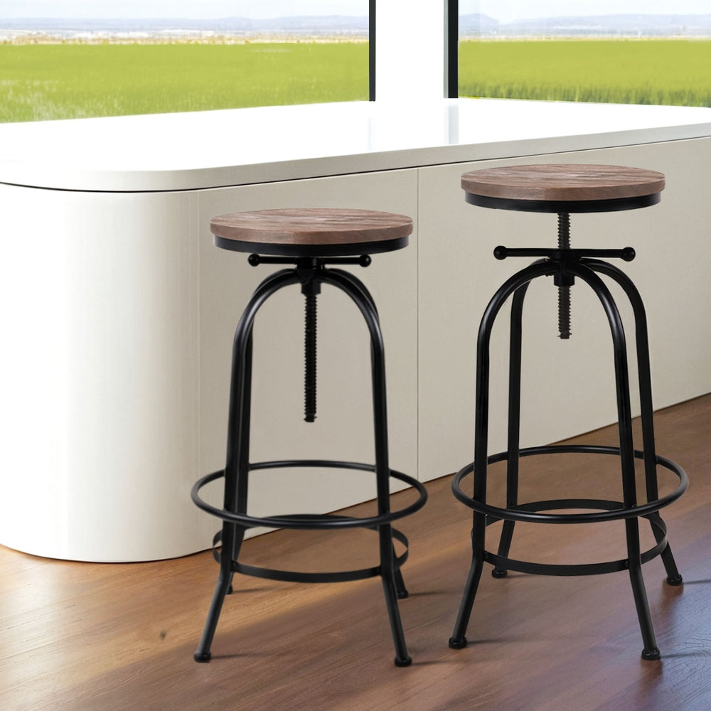Angus Adjustable Bar Stools 4-Pack Vintage Wooden Seat Black Frame