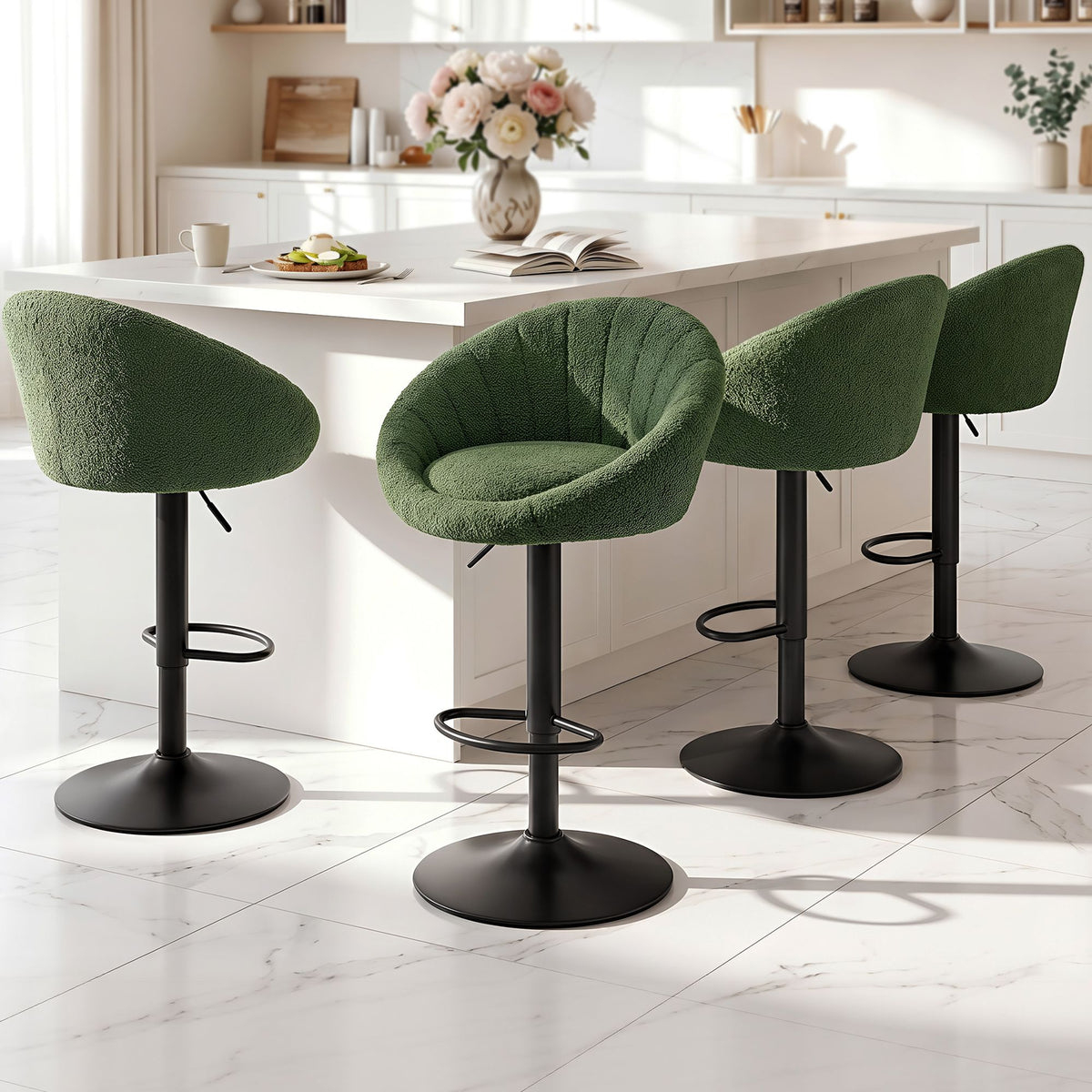 Artiss Set of 4 Swivel Bar Stools Gas Lift Boucle Green