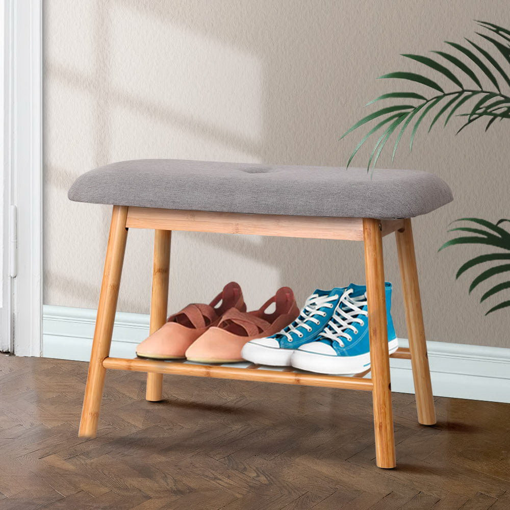 Artiss Shoe Rack Bench with Fabric Seat, Bamboo, 2 Pairs