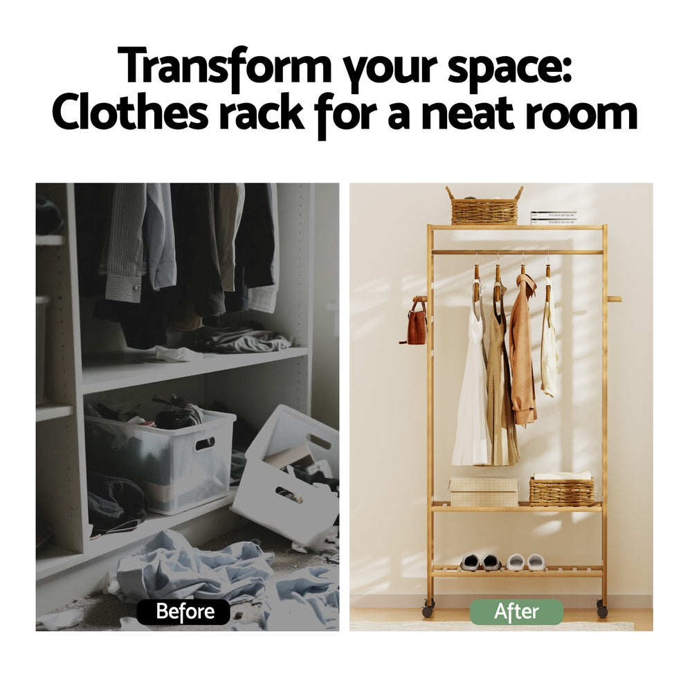 Artiss 169cm Bamboo Clothes Rack Wardrobe Coat Stand