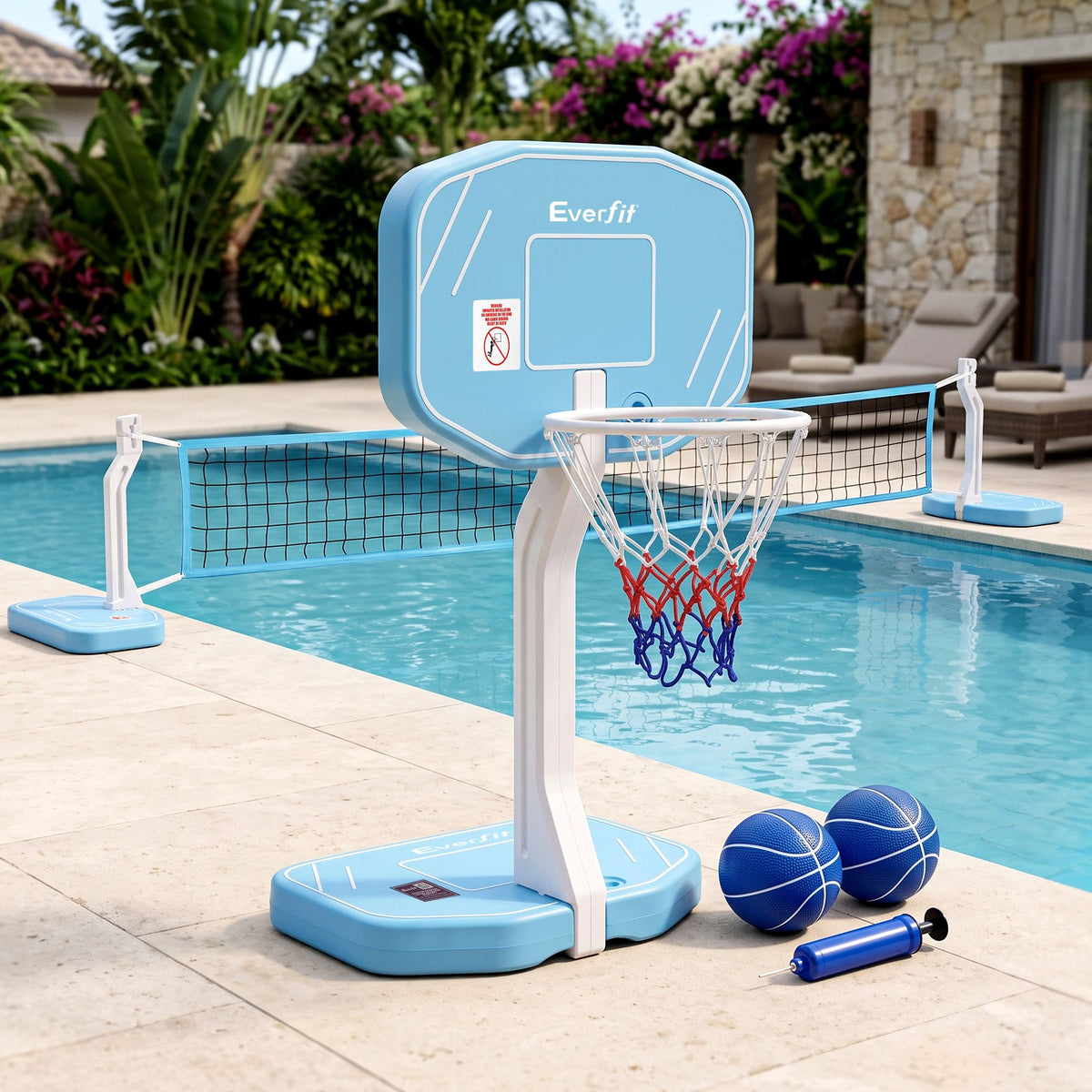 Everfit 2 in 1 Pool Basketball Hoop Volleyball Net Set Blue