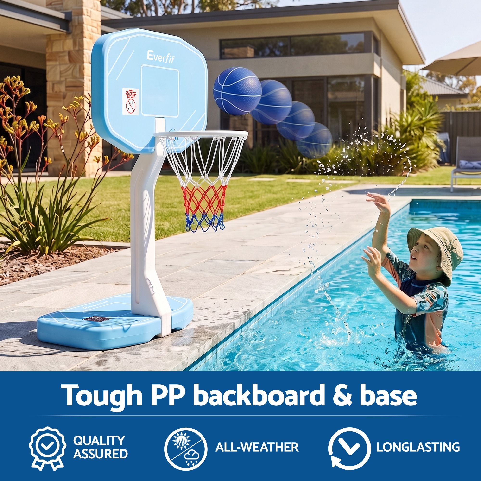 Everfit 2 in 1 Pool Basketball Hoop Volleyball Net Set Water Sports Game Combo Weighted Base Blue