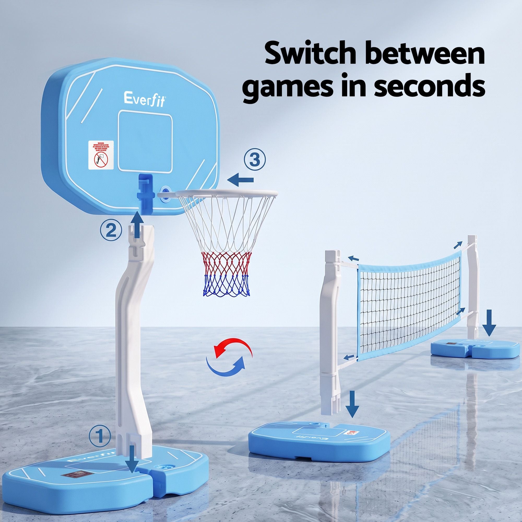 Everfit 2 in 1 Pool Basketball Hoop Volleyball Net Set Water Sports Game Combo Weighted Base Blue