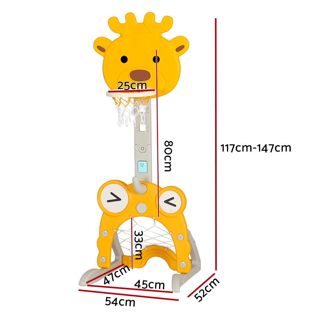 Keezi Kids 5-in-1 Sports Centre Adjustable Basketball Hoop Stand Yellow