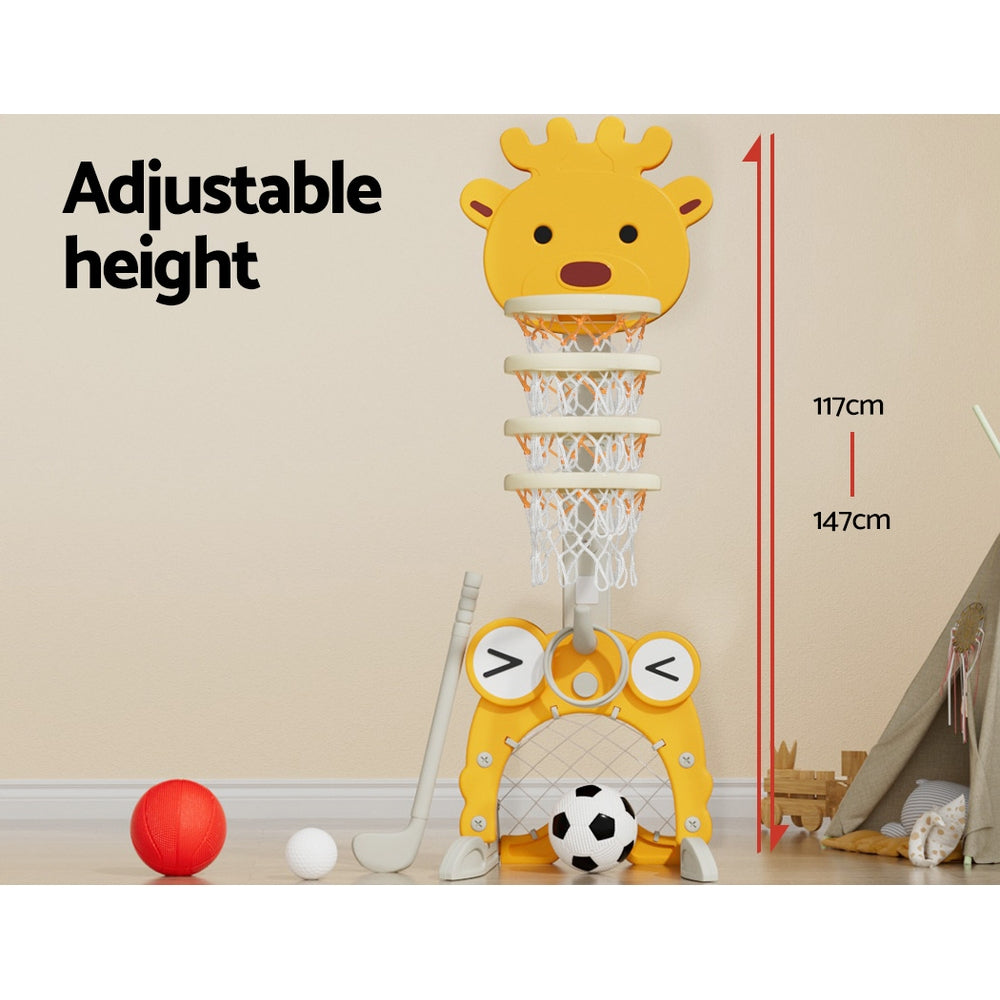 Keezi Kids 5-in-1 Sports Centre Adjustable Basketball Hoop Stand Yellow