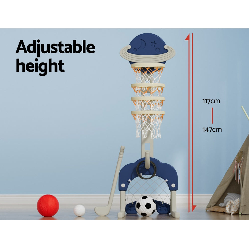 Keezi Kids 6-in-1 Sports Centre Adjustable Basketball Hoop Set Blue