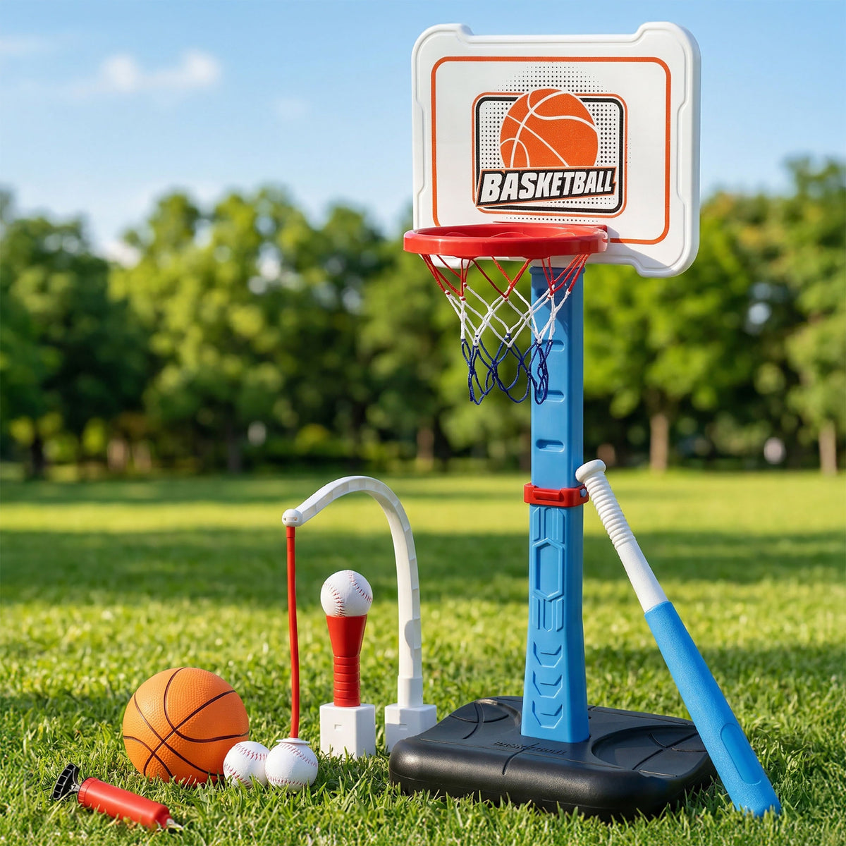 Keezi Kids Basketball Hoop and Baseball Set Adjustable Height Blue