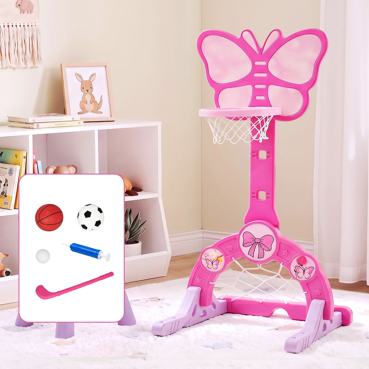 Keezi 3-in-1 Kids Basketball Hoop Soccer Goal Golf Set Pink