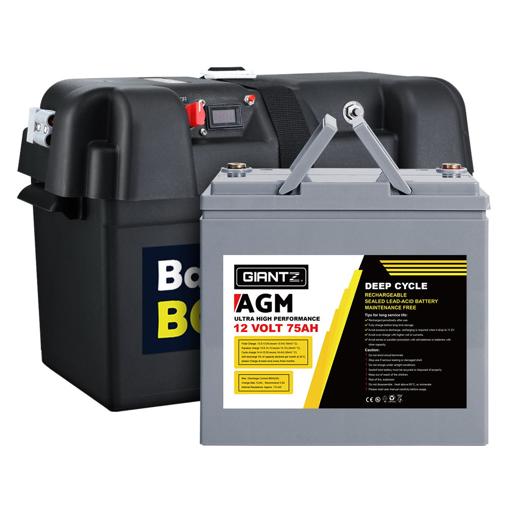 Giantz AGM Deep Cycle Battery 12V 75Ah With Battery Box