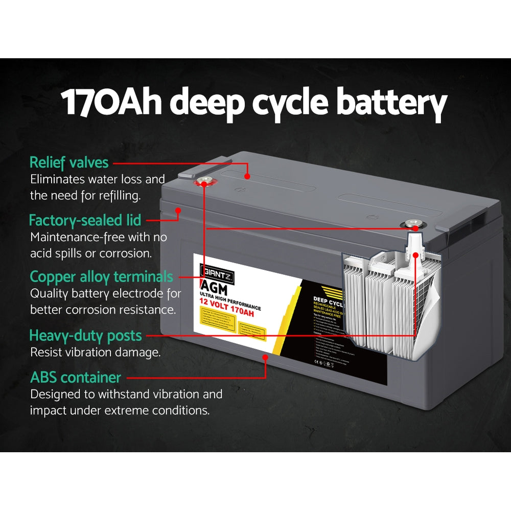 Giantz 12V 170Ah AGM Deep Cycle Battery Portable Solar Caravan Camping