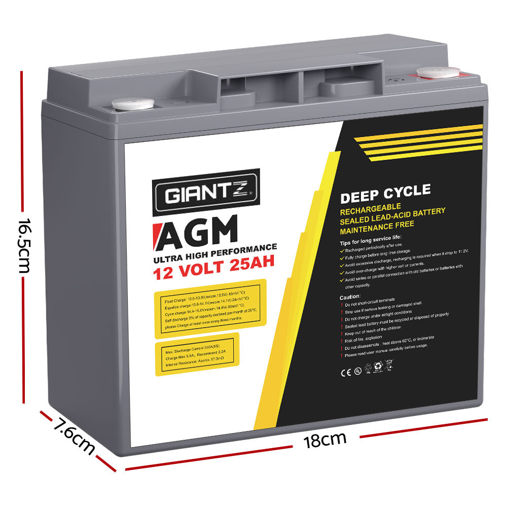 Giantz 12V 25Ah AGM Deep Cycle Battery Portable Solar Caravan Camping