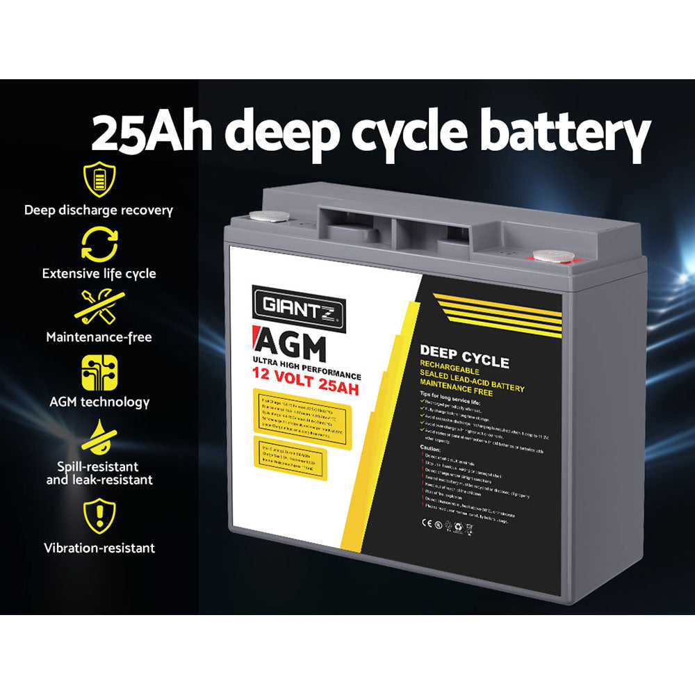 Giantz 12V 25Ah AGM Deep Cycle Battery Portable Solar Caravan Camping