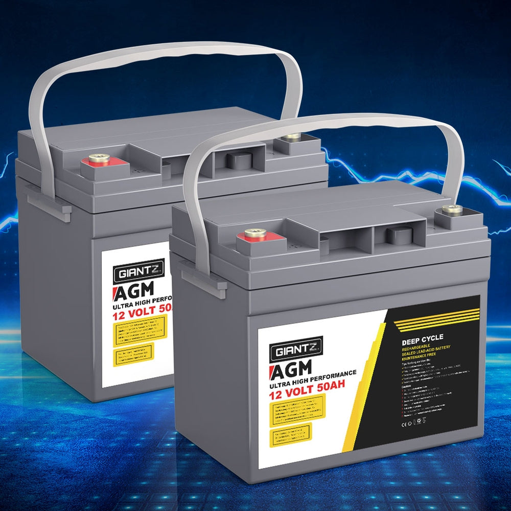 Giantz AGM Deep Cycle Battery 12V 50Ah x2 Portable