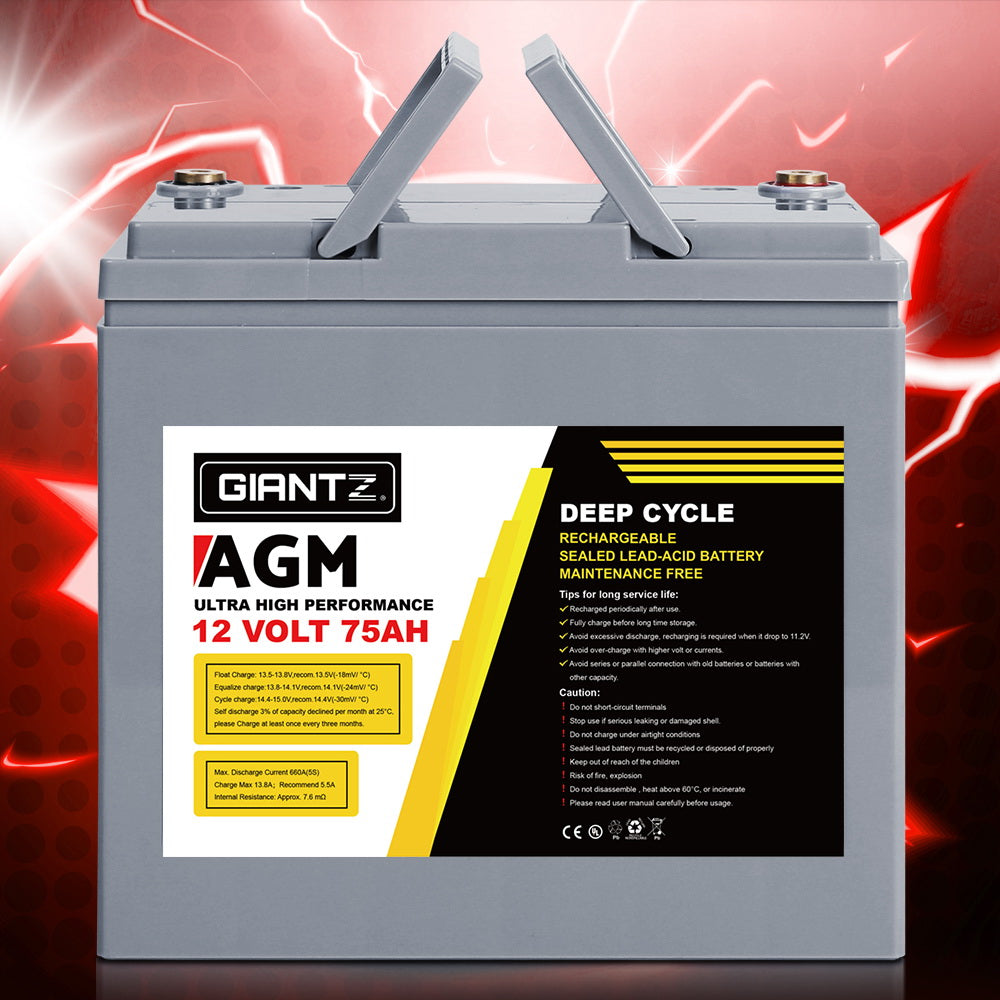 Giantz 12V 75Ah AGM Deep Cycle Battery for Caravan and Camping