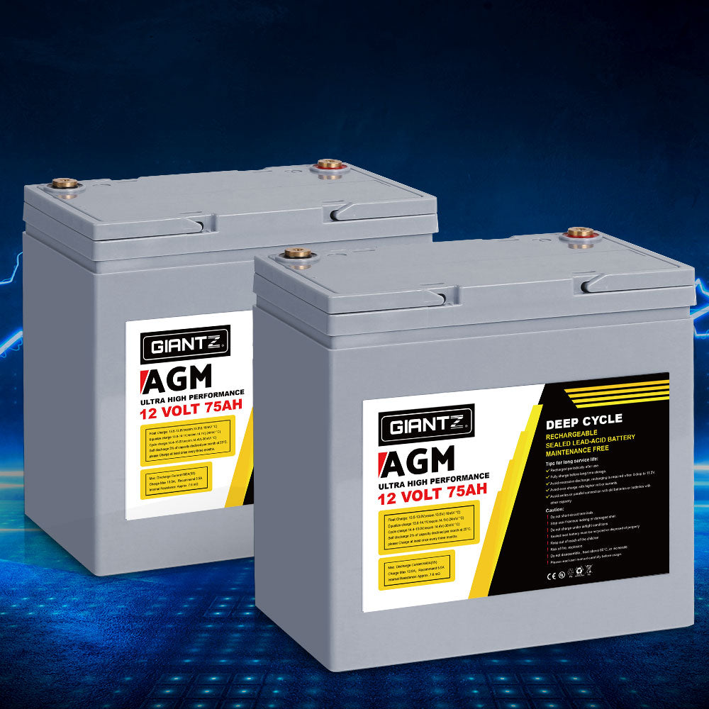 Giantz AGM Deep Cycle Battery 12V 75Ah x2 Caravan