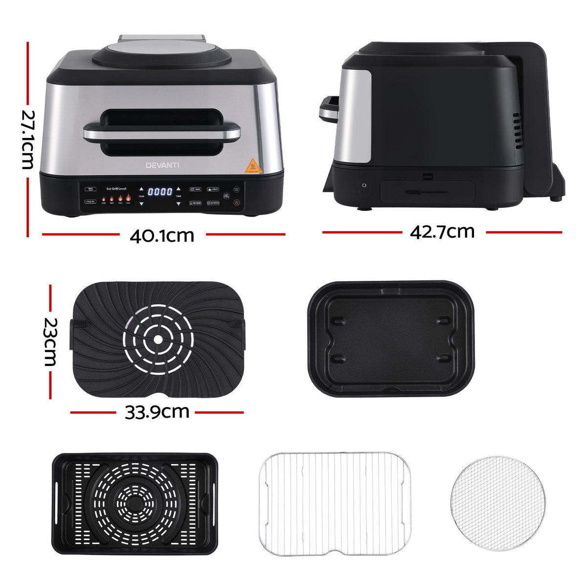 Devanti 5-in-1 Electric BBQ Grill Air Fryer, 2200W 8L Smart Thermometer