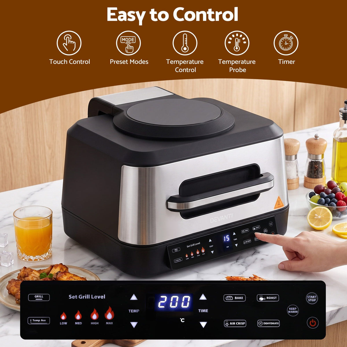 Devanti 5-in-1 Electric BBQ Grill Air Fryer, 2200W 8L Smart Thermometer
