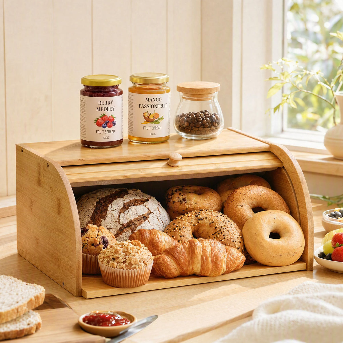 Artiss Bamboo Bread Box Roll Top Bin 45cm Natural