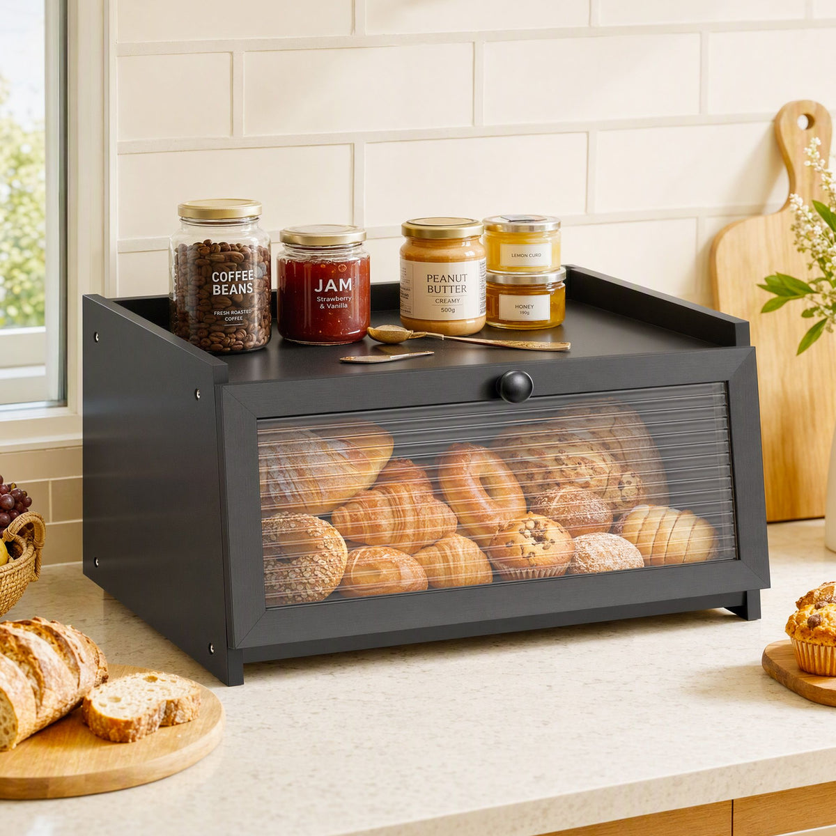 Artiss Bamboo Bread Box Kitchen Storage with Window 40cm Black