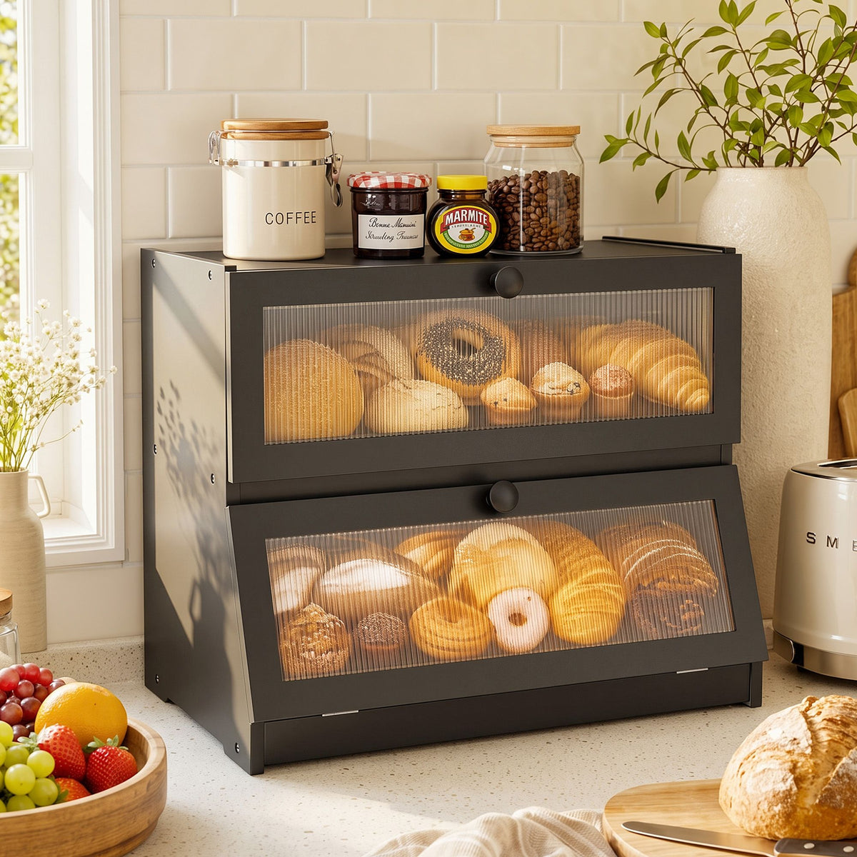 Artiss 2-Tier Bamboo Bread Box Kitchen Countertop 40cm Black