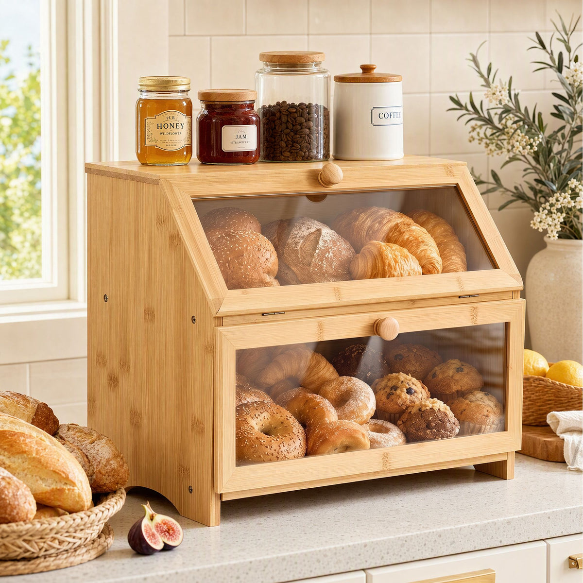 Artiss Bamboo Bread Box 2 Tier Kitchen Countertop 39cm Natural
