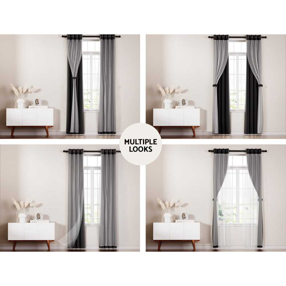 Artiss Black Blockout Sheer Curtains 132x160cm 2-Pack
