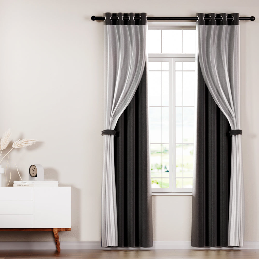 Artiss Blockout Sheer Curtains 132x274cm Black 2-Pack