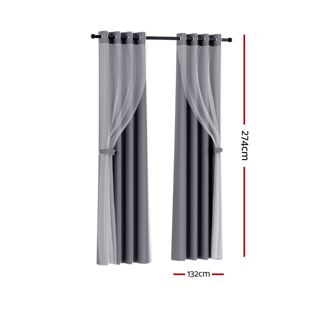 Artiss 132x274cm Blockout Sheer Curtains Charcoal 2-Pack