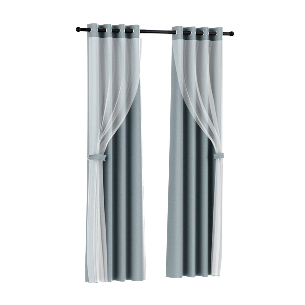 Artiss Blockout Sheer Curtains 132x304cm Light Grey
