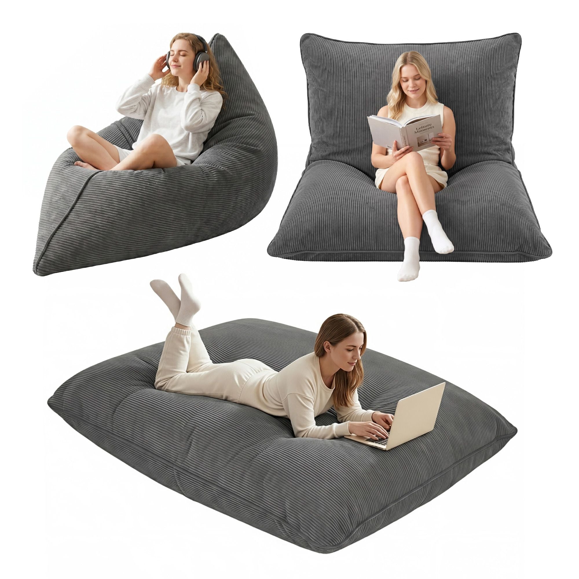 Artiss 3 in 1 Bean Bag Chair Cover No Filler Convertible Bean Bag for Adults, Corduroy Stuffed Animal Storage Bean Bag Cover Washable for Living Room Bedroom, Grey