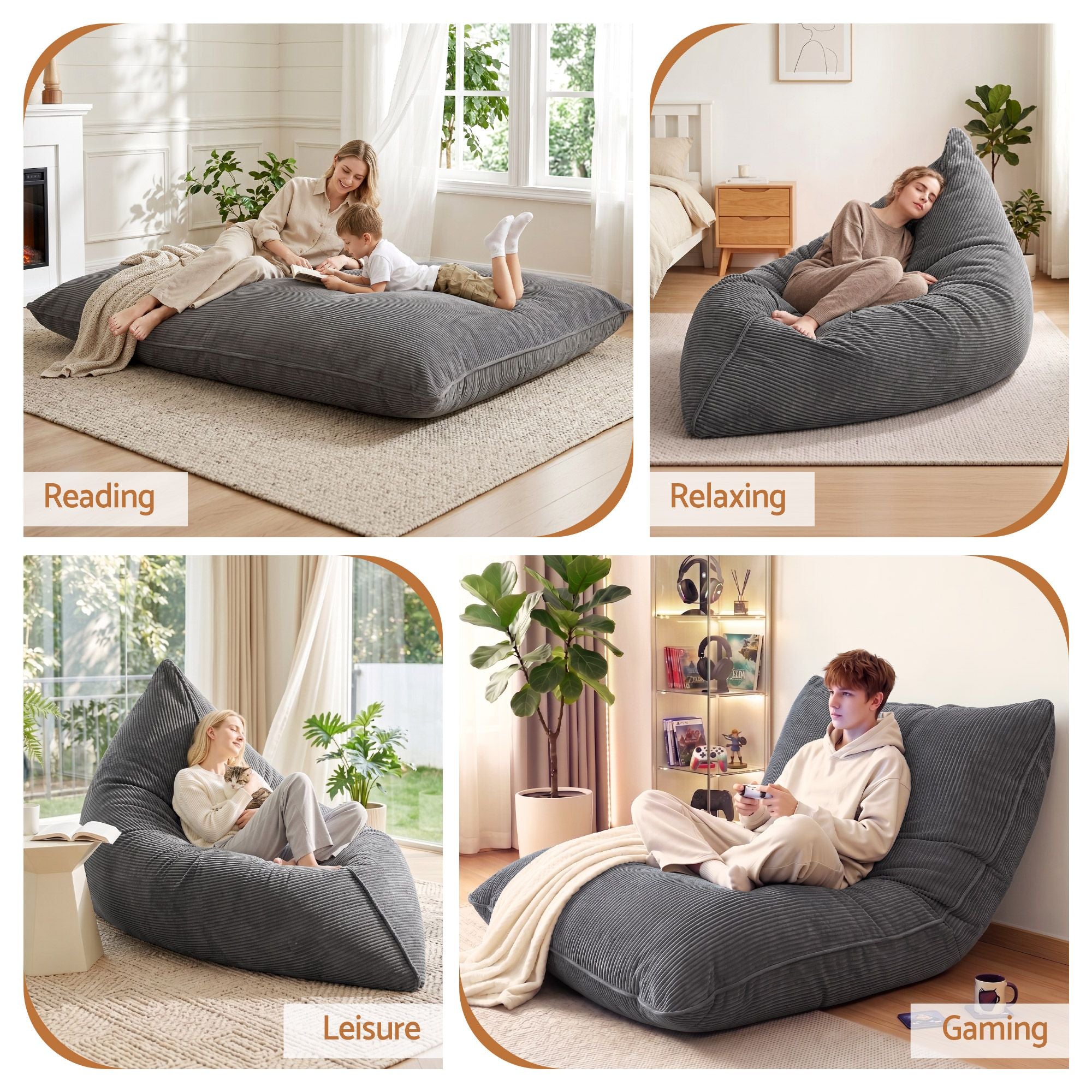 Artiss 3 in 1 Bean Bag Chair Cover No Filler Convertible Bean Bag for Adults, Corduroy Stuffed Animal Storage Bean Bag Cover Washable for Living Room Bedroom, Grey