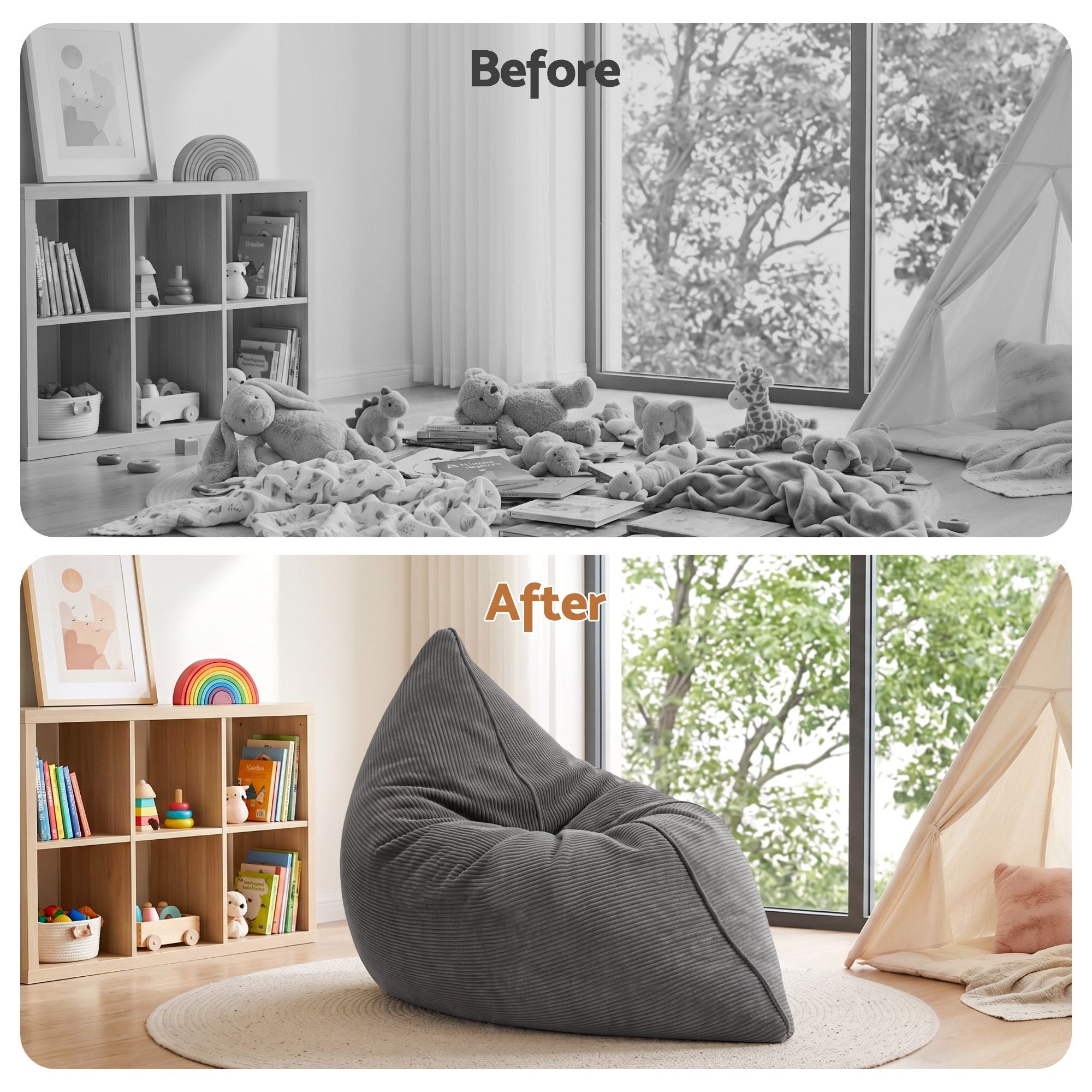 Artiss 3 in 1 Bean Bag Chair Cover No Filler Convertible Bean Bag for Adults, Corduroy Stuffed Animal Storage Bean Bag Cover Washable for Living Room Bedroom, Grey