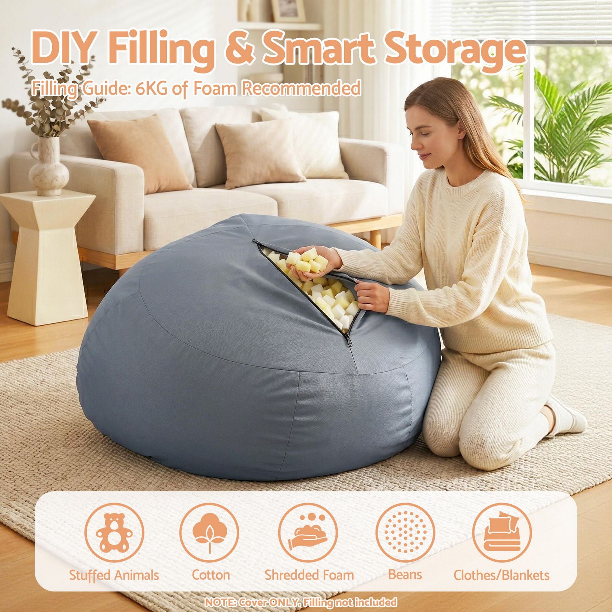 Artiss Outdoor Bean Bag Chair Cover No Filler Splash-Proof Beanbag Sofacover for Adults Teens Kids Stuffable Bean Bag Cover for Patio Poolside Relaxing, Grey