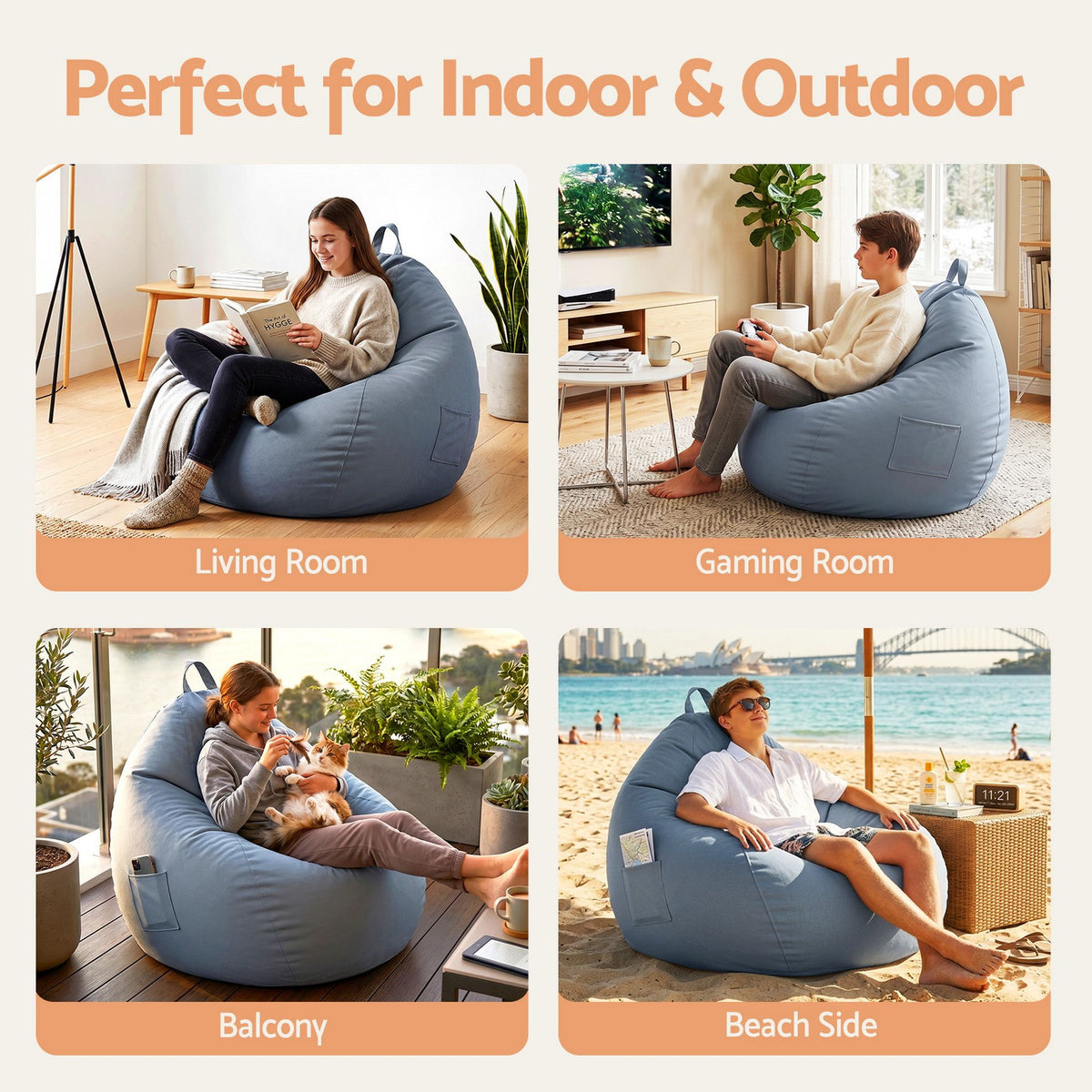 Artiss Outdoor Bean Bag Chair Cover No Filler Splash-Proof Beanbag Sofacover for Adults Teens Kids Stuffable Bean Bag Cover for Patio Poolside Relaxing, Grey