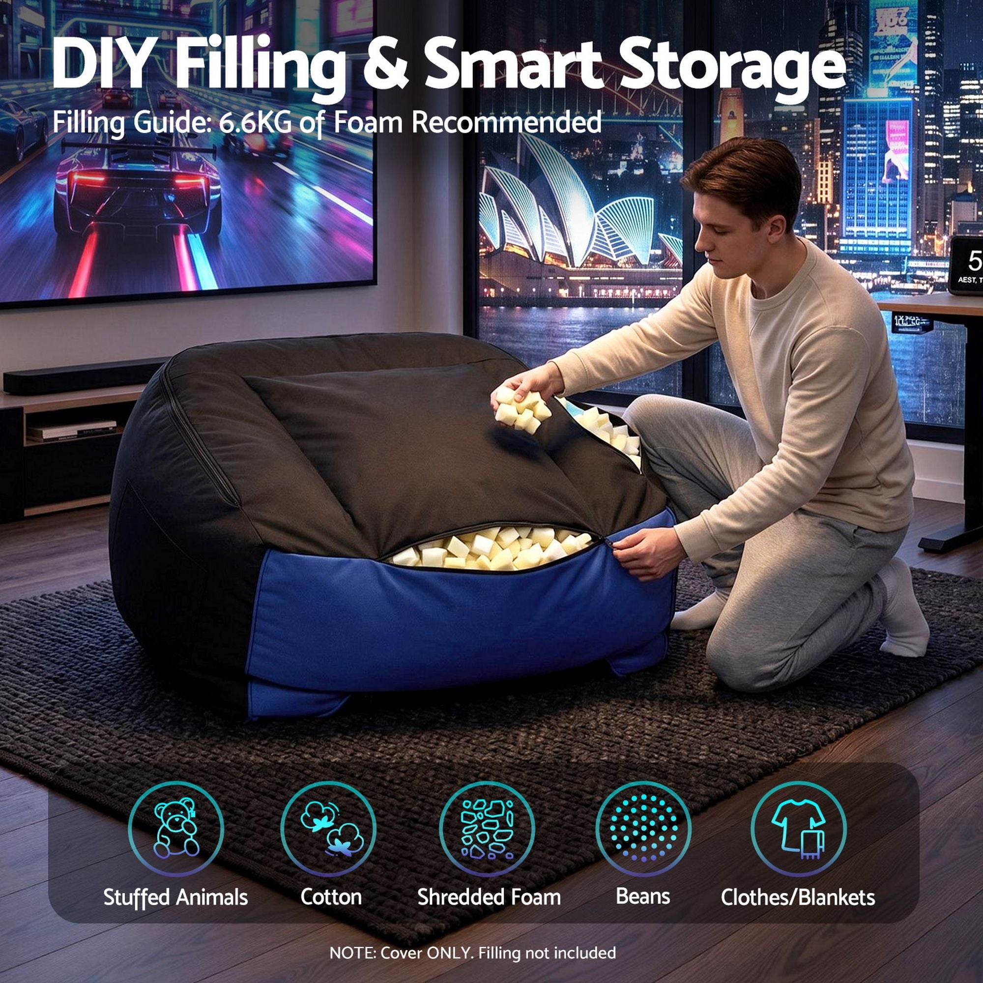 Artiss Gaming Bean Bag Chair Cover No Filler for Adults Teens Kids Splash-Proof Floor Gaming Chair Cover with Side Pockets, Headphone Hanger, Cup Holder, Bean Bag Cover Only