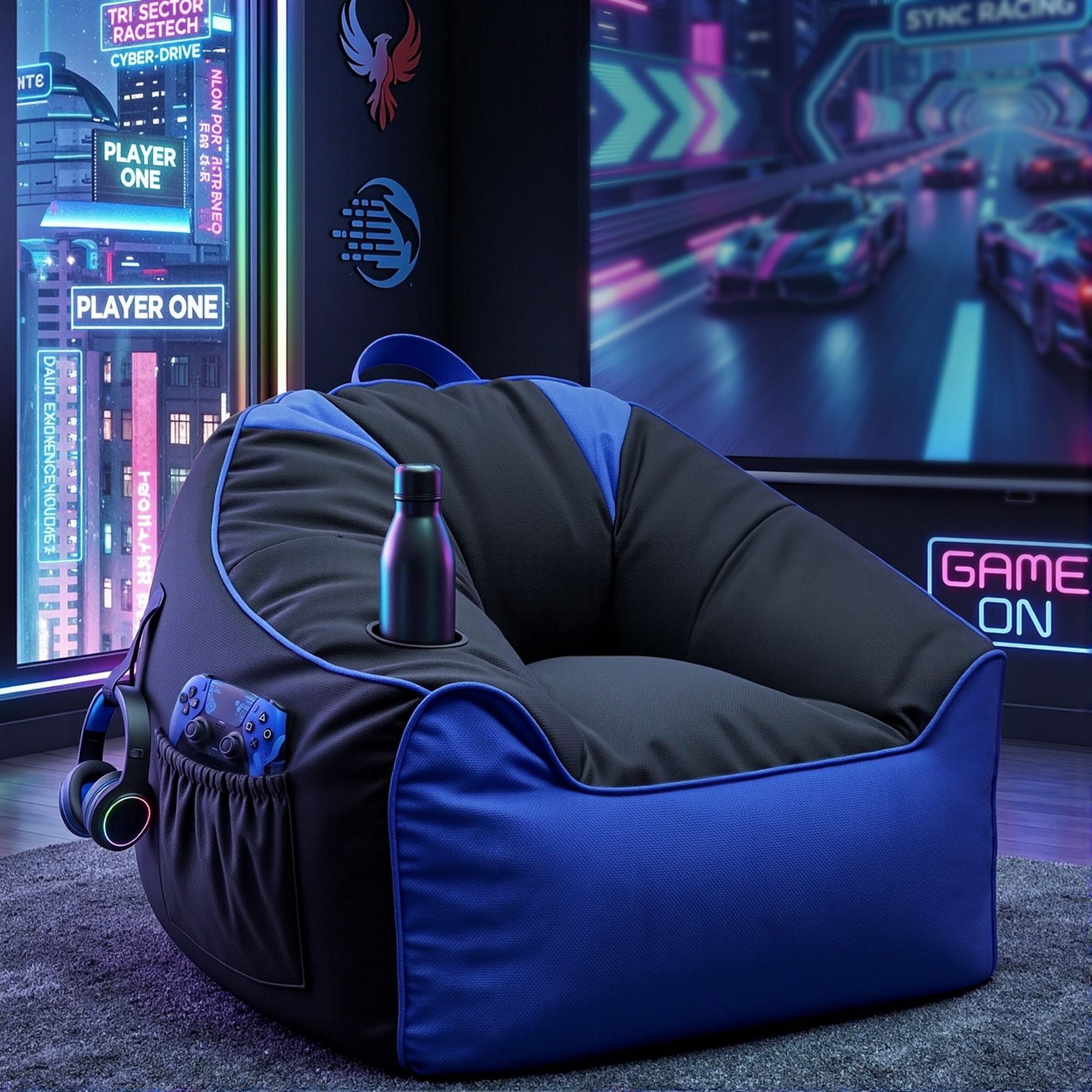 Artiss Gaming Bean Bag Chair Cover No Filler for Adults Teens Kids Splash-Proof Floor Gaming Chair Cover with Side Pockets, Headphone Hanger, Cup Holder, Bean Bag Cover Only