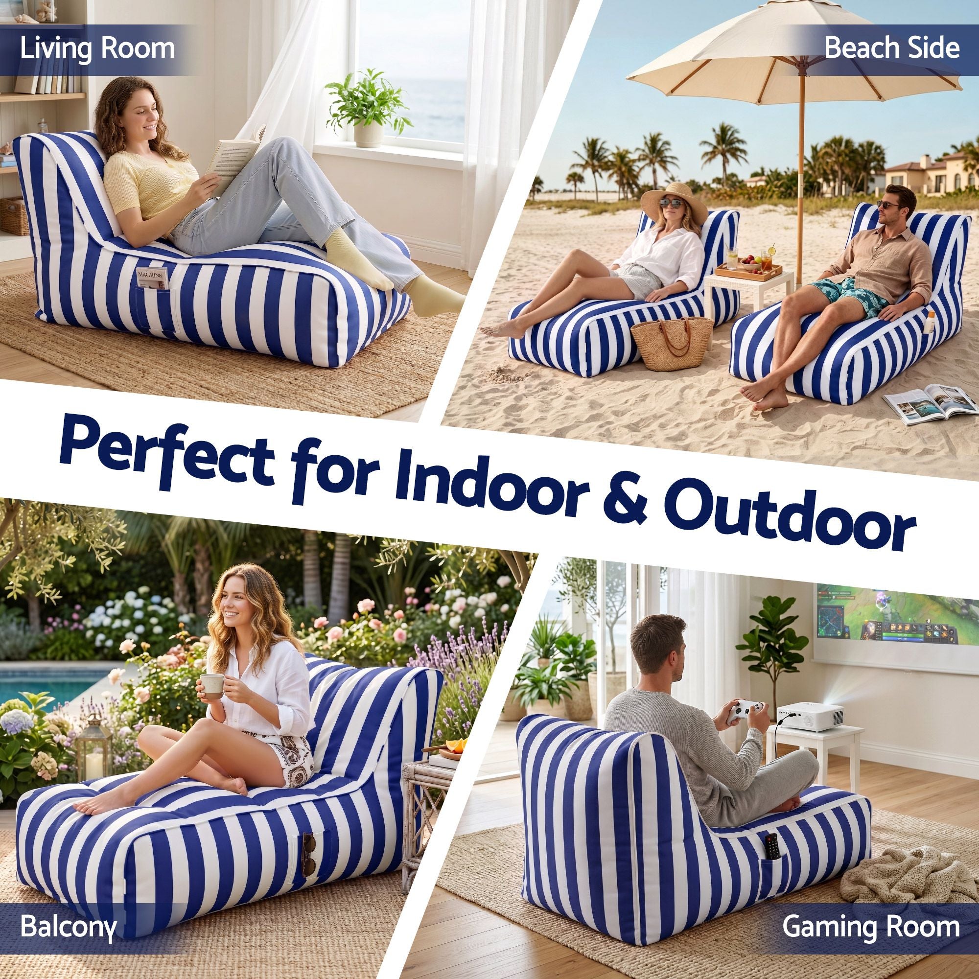 Artiss Outdoor Bean Bag Chair Cover No Filler Splash-Proof Beanbag Lounge Sofacover Stuffed Animal Storage Bean Bag Cover for Patio Poolside Relaxing, Blue