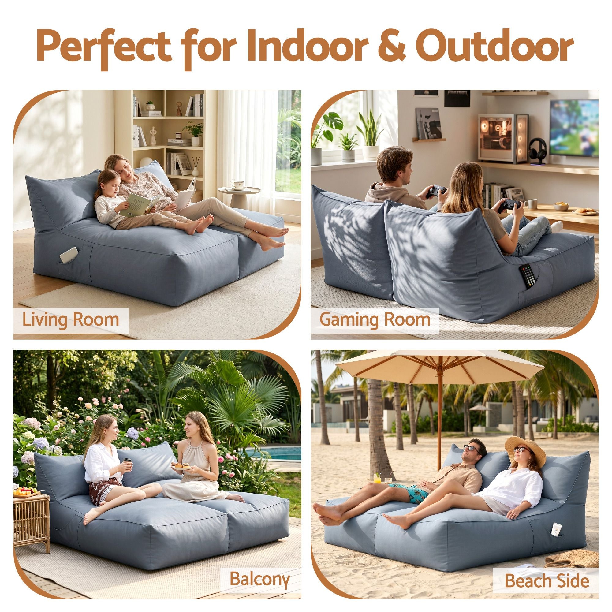 Artiss Outdoor Bean Bag Chair Cover No Filler 2 Seater Beanbag Lounge Sofacover Adults Splash-Proof Large Bean Bag Cover for Patio Poolside Relaxing Indoor, Grey