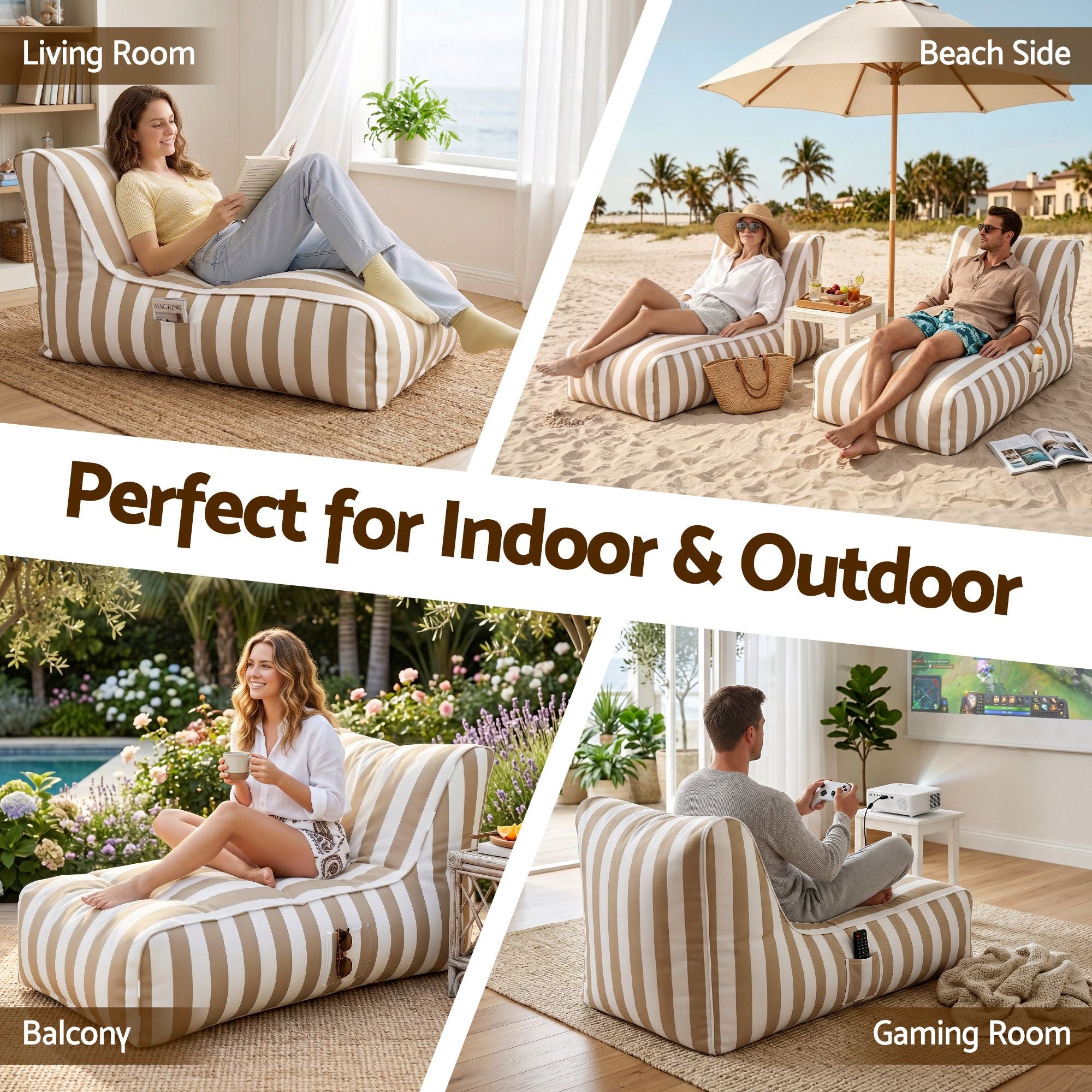 Artiss Outdoor Bean Bag Chair Cover No Filler Splash-Proof Beanbag Lounge Sofacover Stuffed Animal Storage Bean Bag Cover for Patio Poolside Relaxing, Taupe