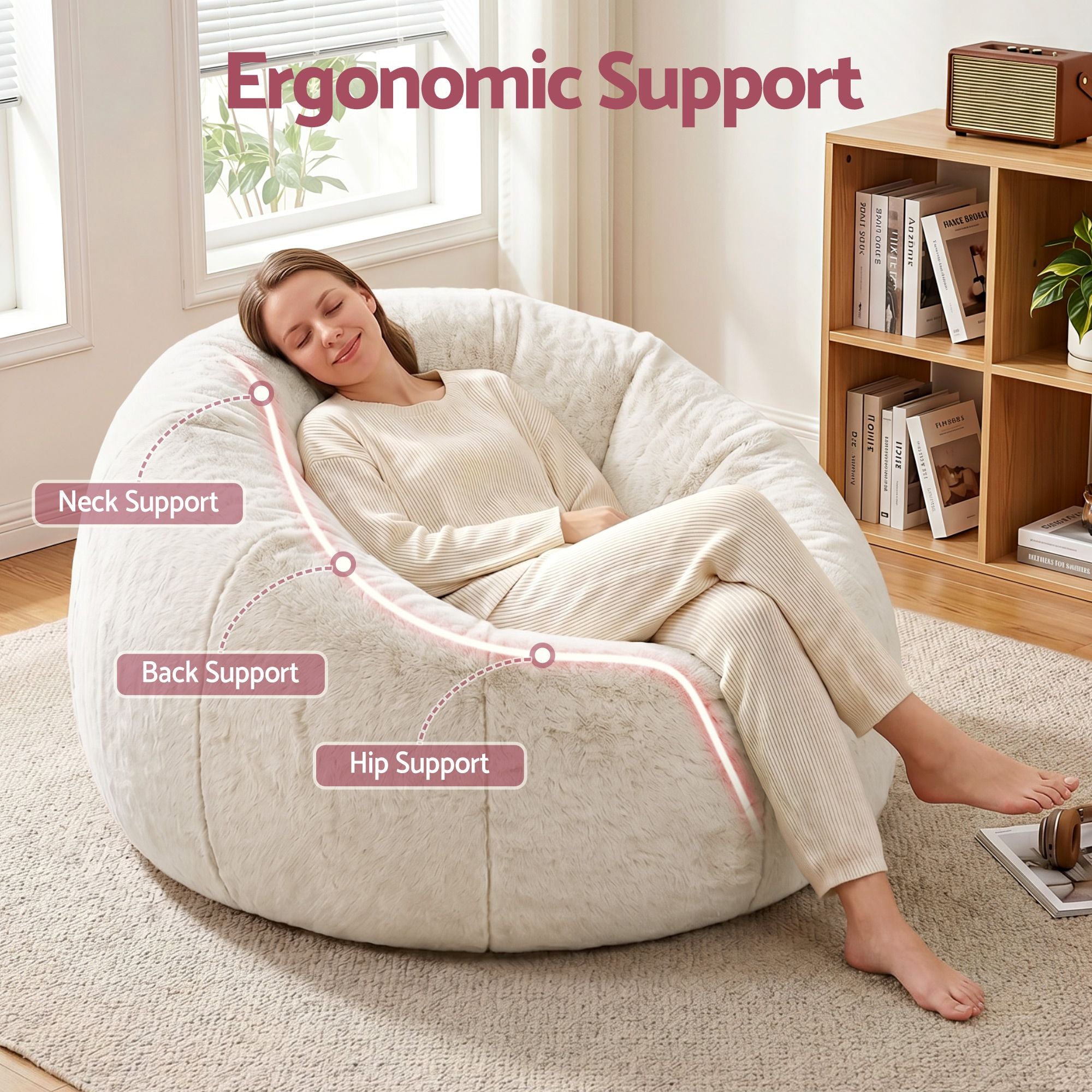 Artiss Bean Bag Chair Cover No Filler Soft Faux Fur Beanbag Cover Large Round Stuffed Animal Storage Bean Bag Cover Washable Lazy Sofa Cover for Adults Kids Teens, Beige