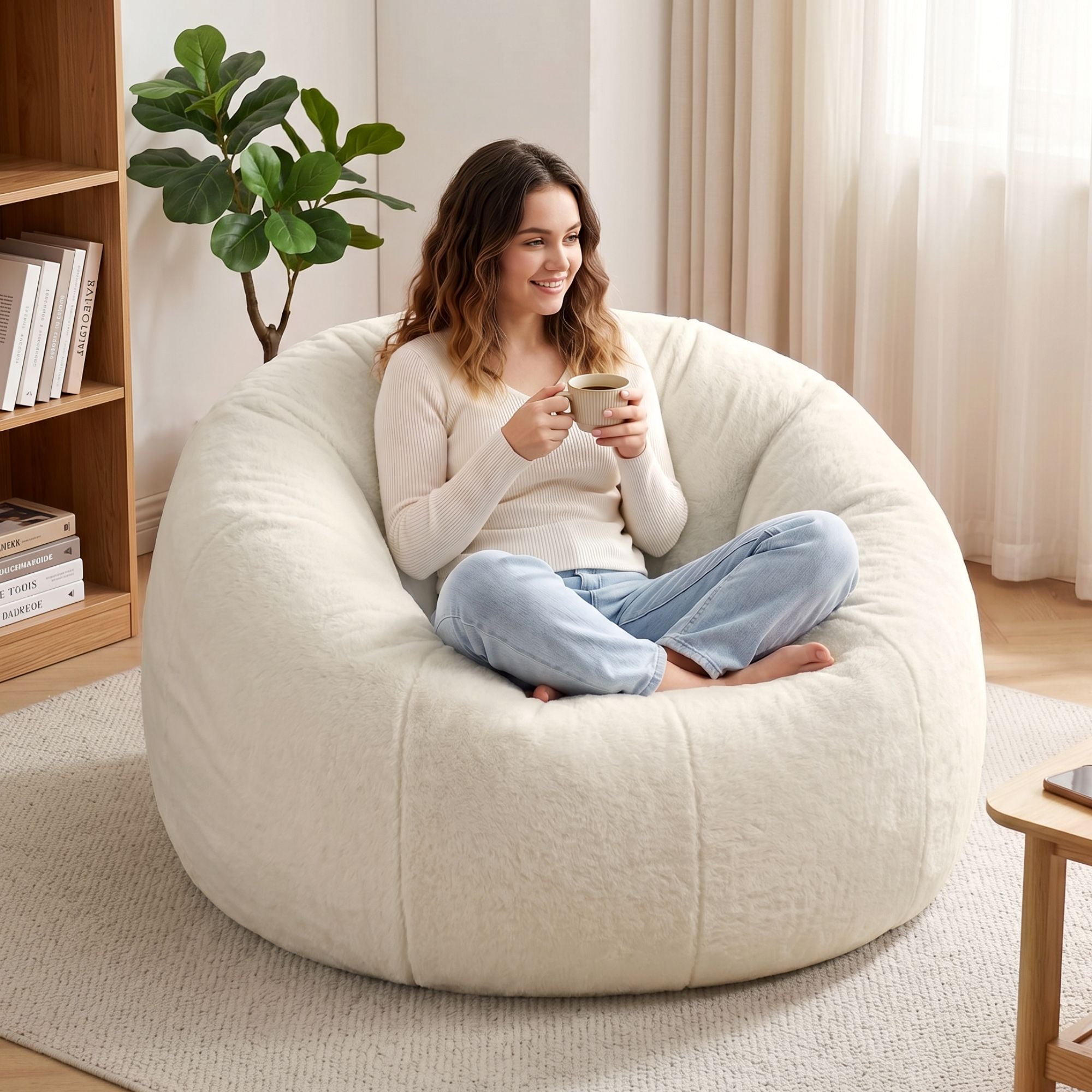 Artiss Bean Bag Chair Cover No Filler Soft Faux Fur Beanbag Cover Large Round Stuffed Animal Storage Bean Bag Cover Washable Lazy Sofa Cover for Adults Kids Teens, Beige