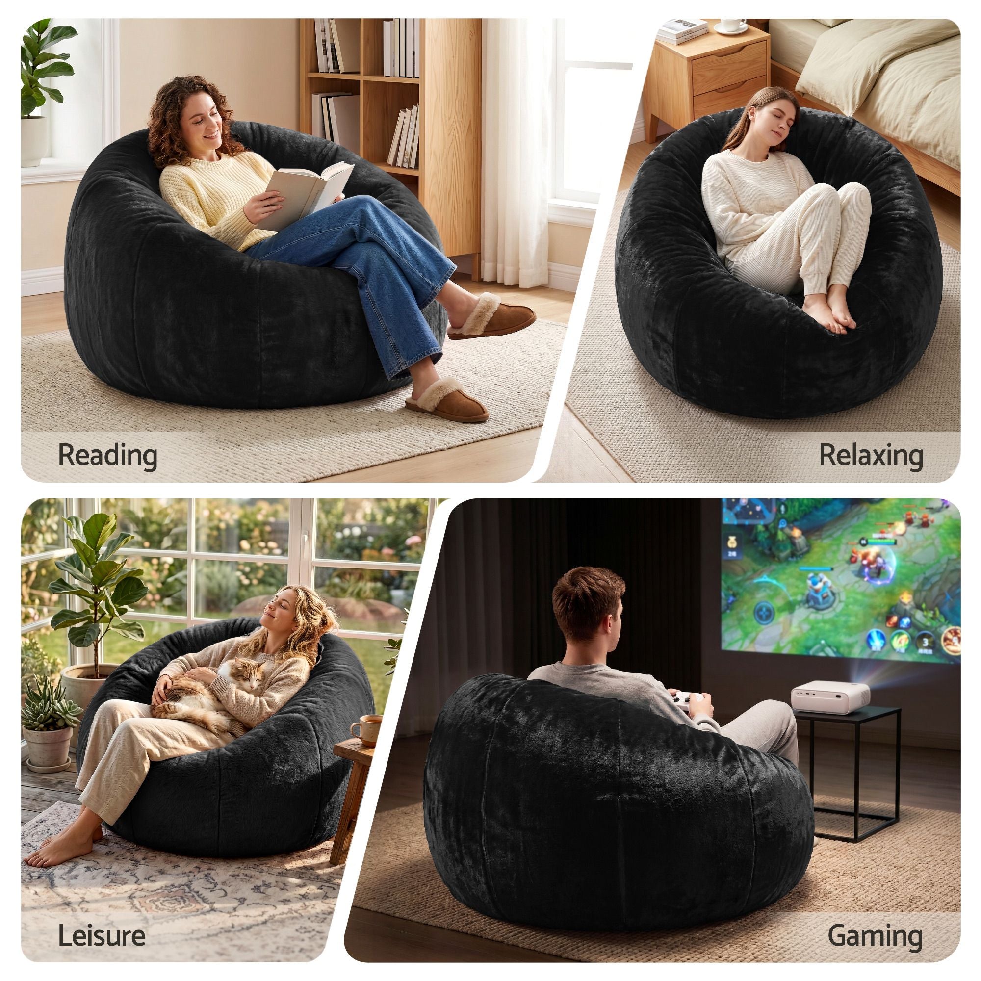 Artiss Bean Bag Chair Cover No Filler Soft Faux Fur Beanbag Cover Large Round Stuffed Animal Storage Bean Bag Cover Washable Lazy Sofa Cover for Adults Kids Teens, Black