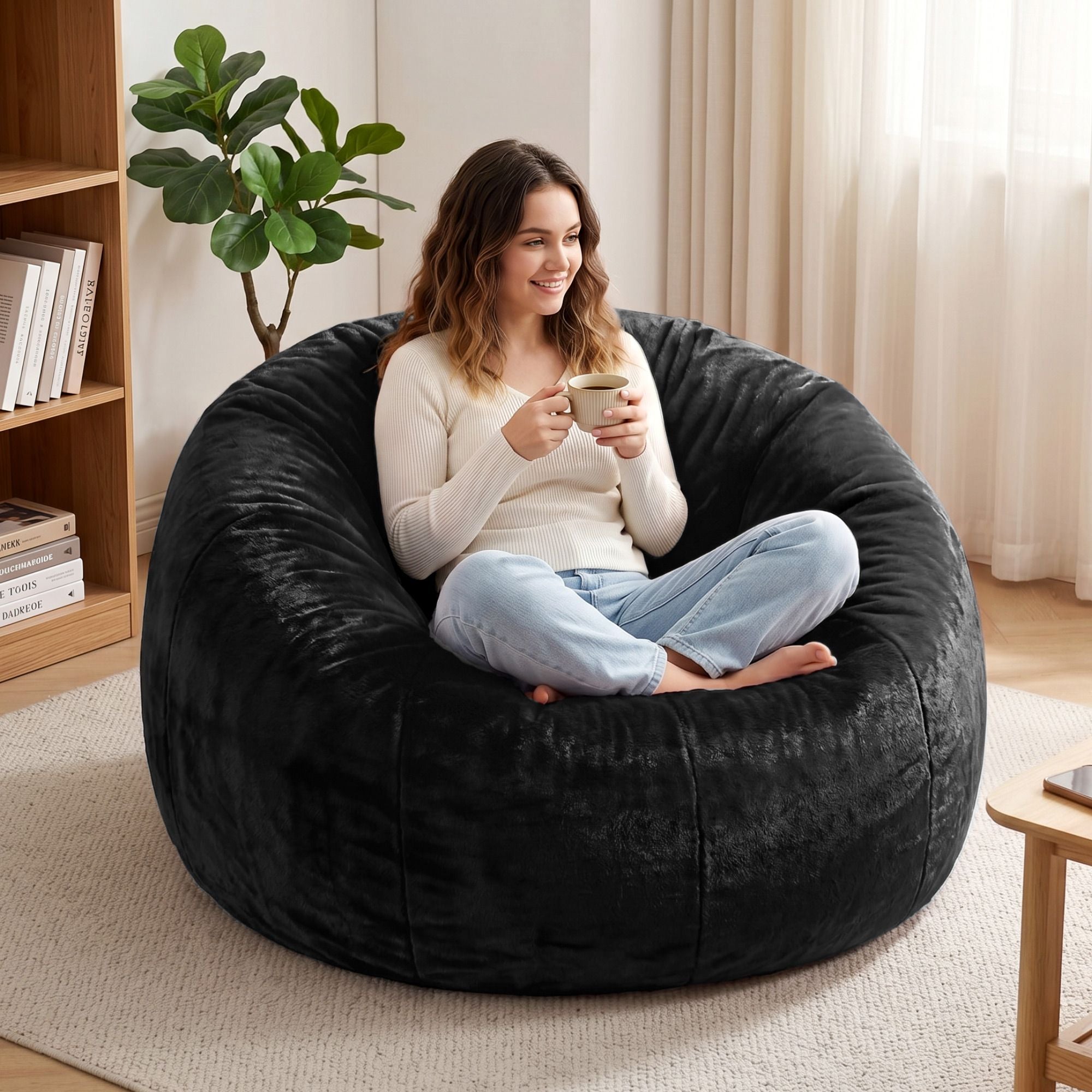Artiss Bean Bag Chair Cover No Filler Soft Faux Fur Beanbag Cover Large Round Stuffed Animal Storage Bean Bag Cover Washable Lazy Sofa Cover for Adults Kids Teens, Black