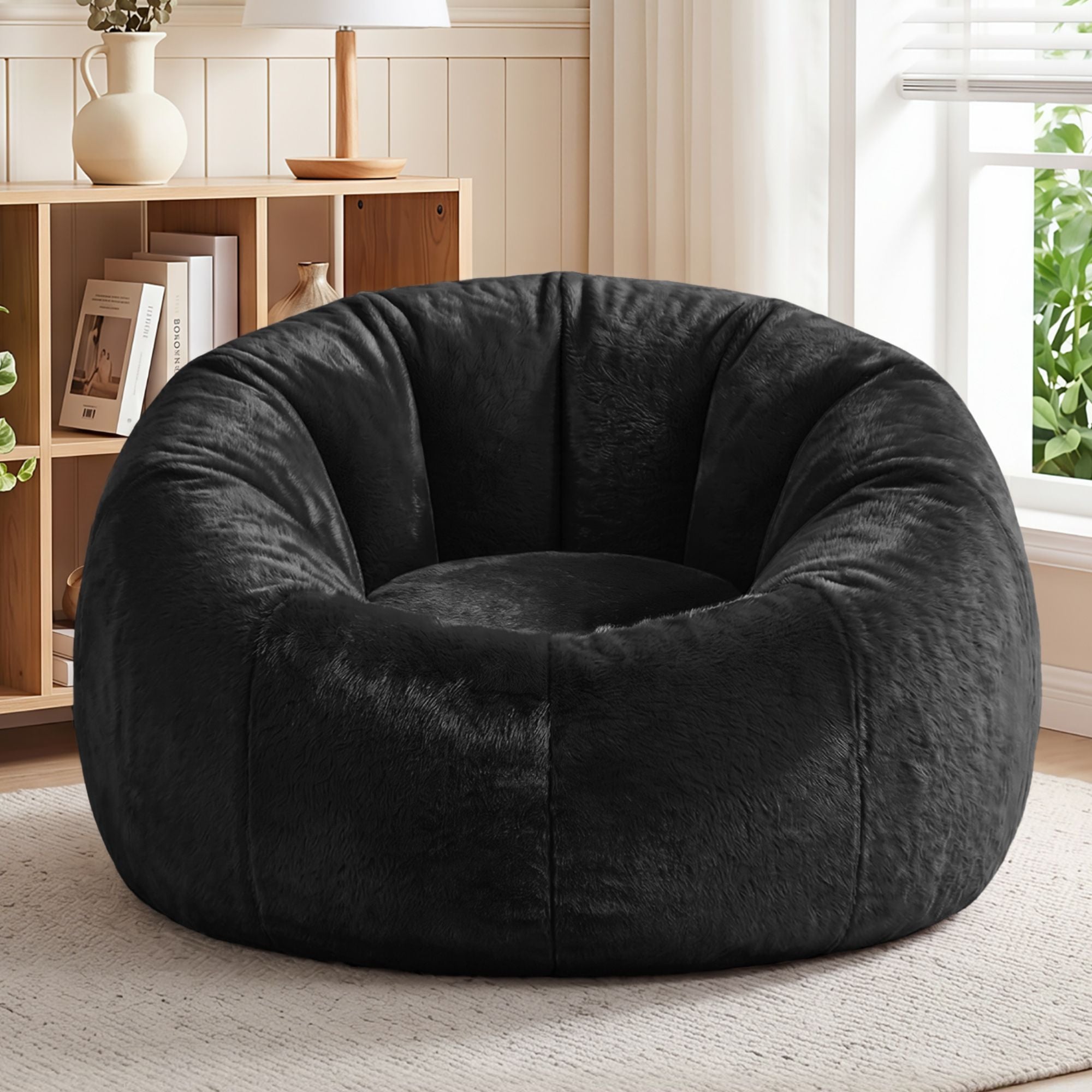 Artiss Bean Bag Chair Cover No Filler Soft Faux Fur Beanbag Cover Large Round Stuffed Animal Storage Bean Bag Cover Washable Lazy Sofa Cover for Adults Kids Teens, Black