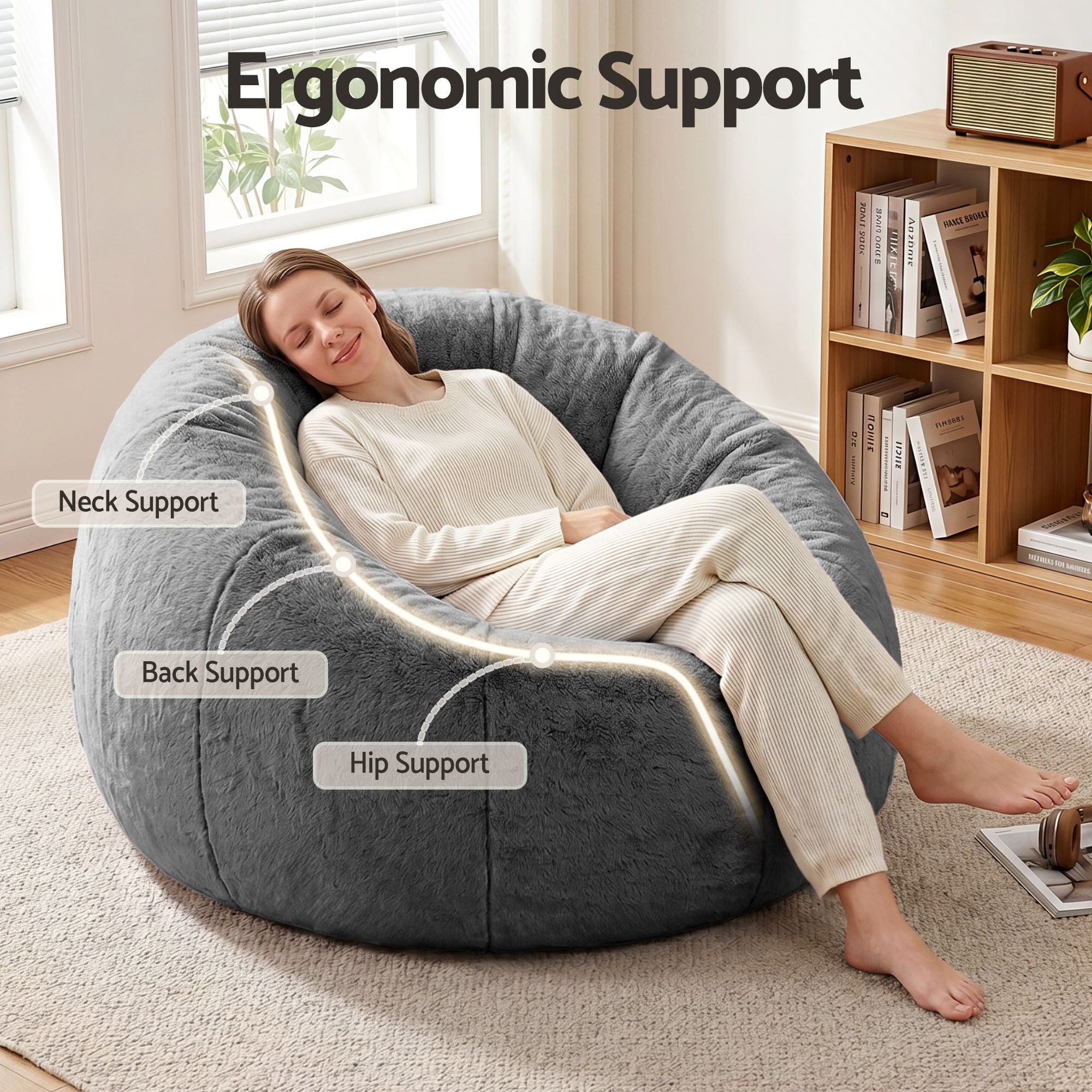 Artiss Bean Bag Chair Cover No Filler Soft Faux Fur Beanbag Cover Large Round Stuffed Animal Storage Bean Bag Cover Washable Lazy Sofa Cover for Adults Kids Teens, Grey