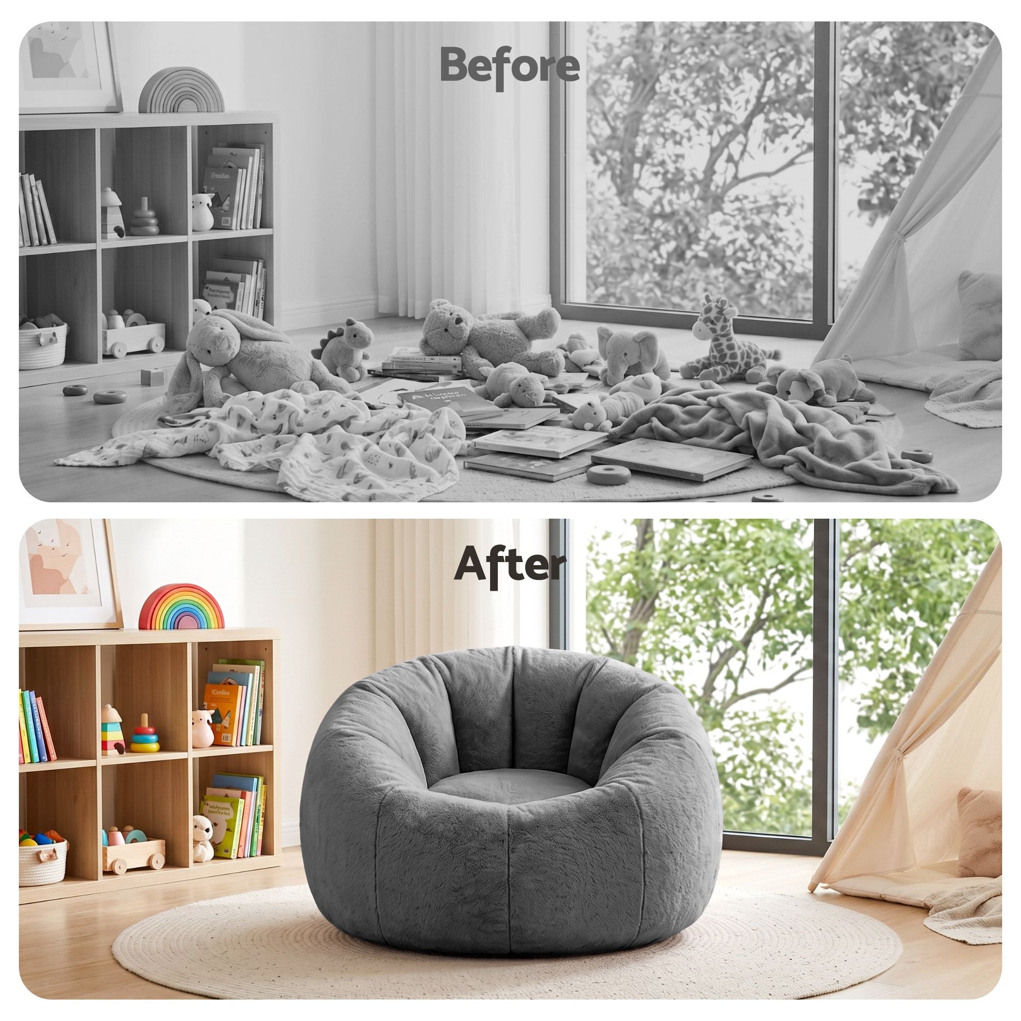 Artiss Bean Bag Chair Cover No Filler Soft Faux Fur Beanbag Cover Large Round Stuffed Animal Storage Bean Bag Cover Washable Lazy Sofa Cover for Adults Kids Teens, Grey