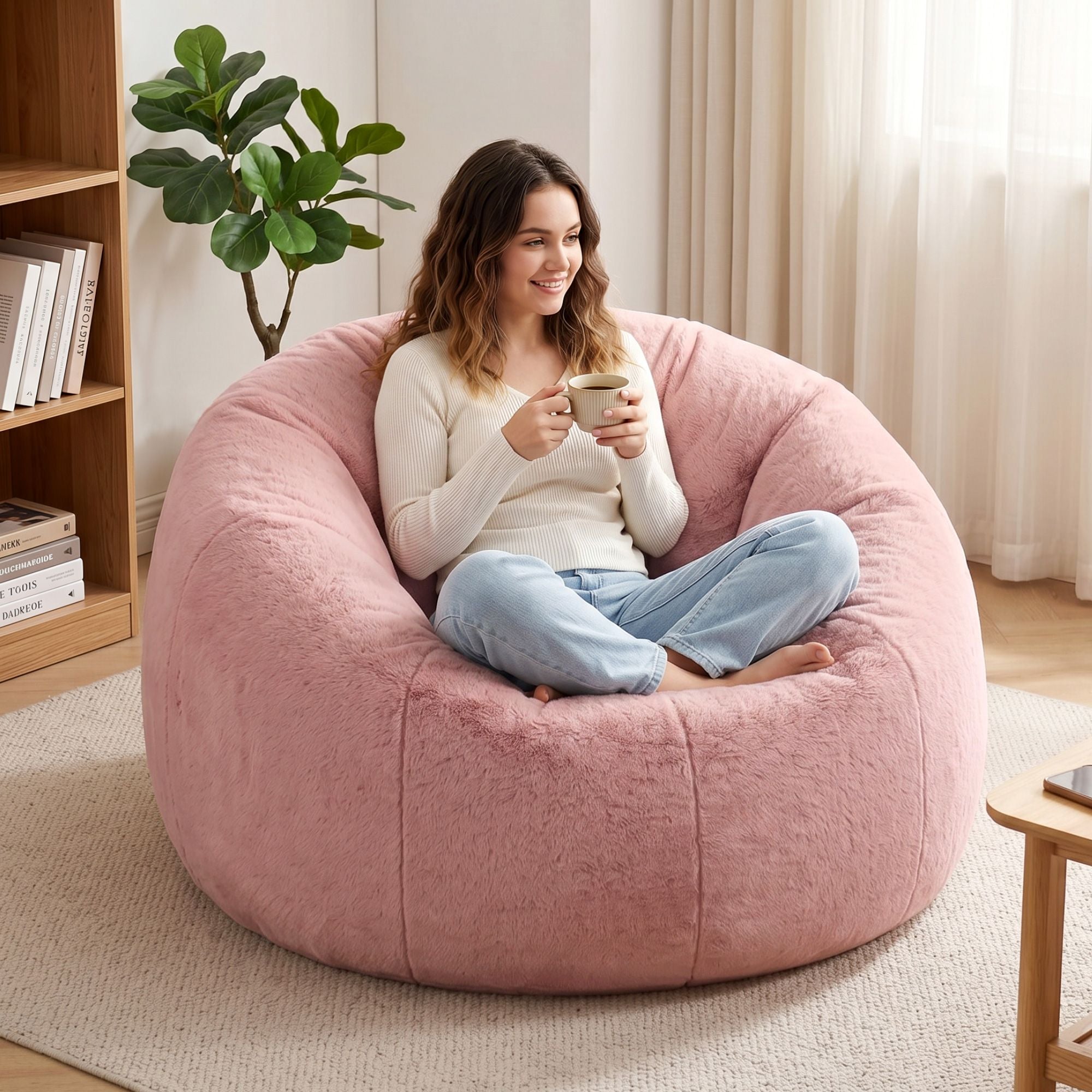 Artiss Bean Bag Chair Cover No Filler Soft Faux Fur Beanbag Cover Large Round Stuffed Animal Storage Bean Bag Cover Washable Lazy Sofa Cover for Adults Kids Teens, Pink